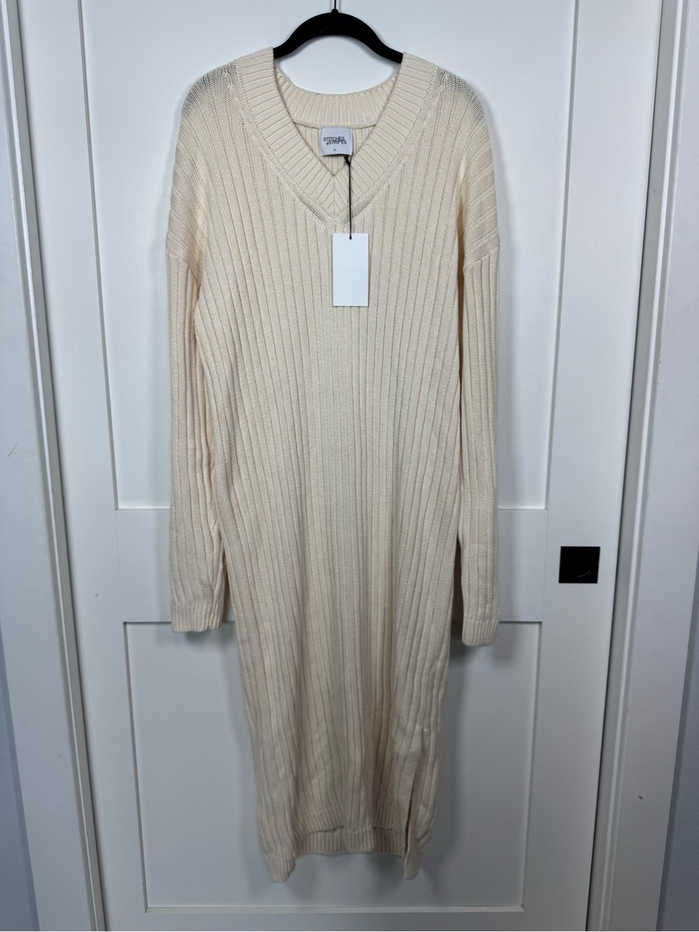 Stitches + Stripes Cream Cotton Ribbed V-Neck Knit Maxi Dress Size XL NWT